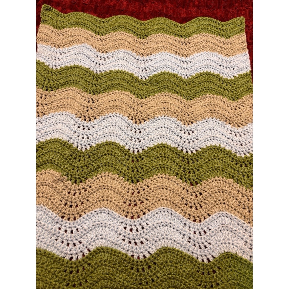 Baby Blanket Handmade Crochet Wave Stitch Green Gray Blue Stripes 25x21 Nursery